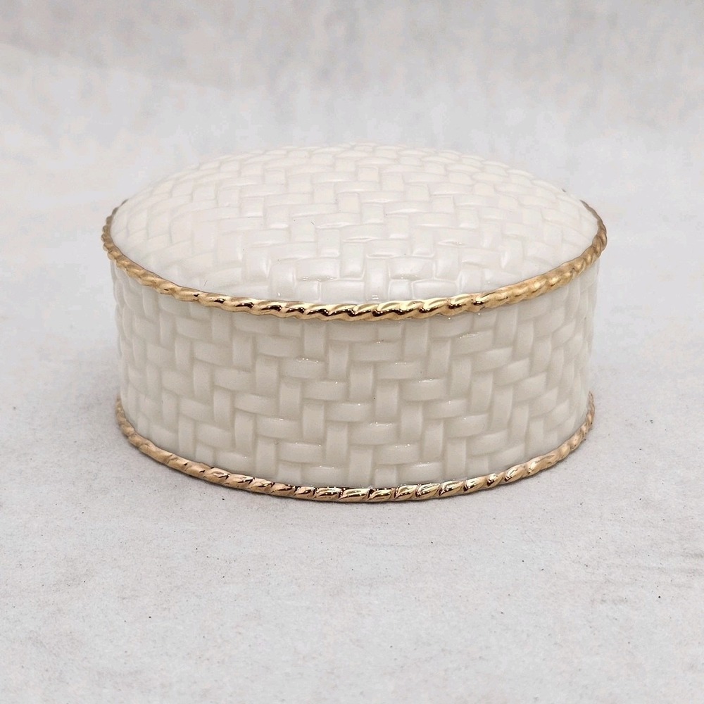Vintage Lenox Porcelain Trinket Box Basketweave Pattern with Gold Trim 3.25"